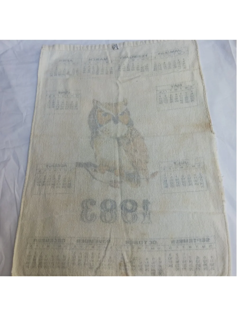 VTG 1983 Owl Calendar Tea Towel Linen Cottagecore 80s Wall Hanging